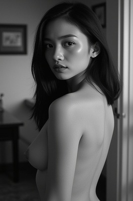AI Generated Asian Beauty - Black & White Art | Big Hips - 01