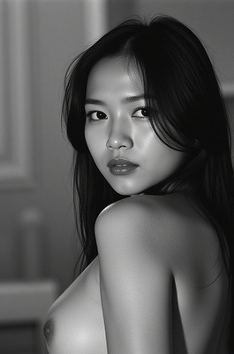 AI Generated Asian Beauty - Black & White Art | Big Hips - 12